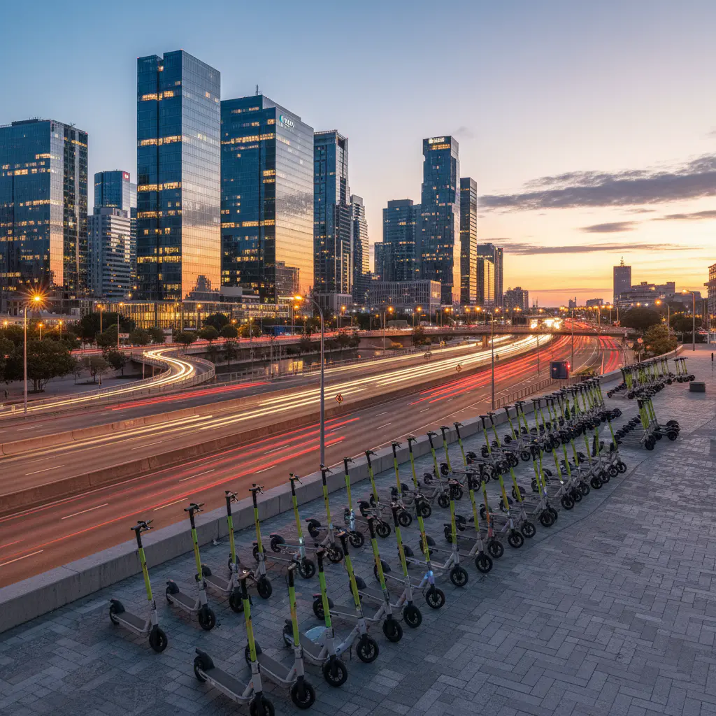 Urban skyline with scooters